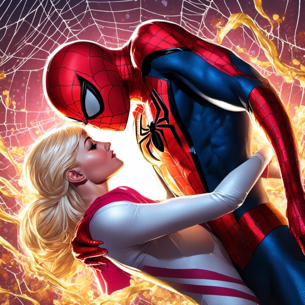 Spider-Man and Spider-Gwen Kiss in Comic Style