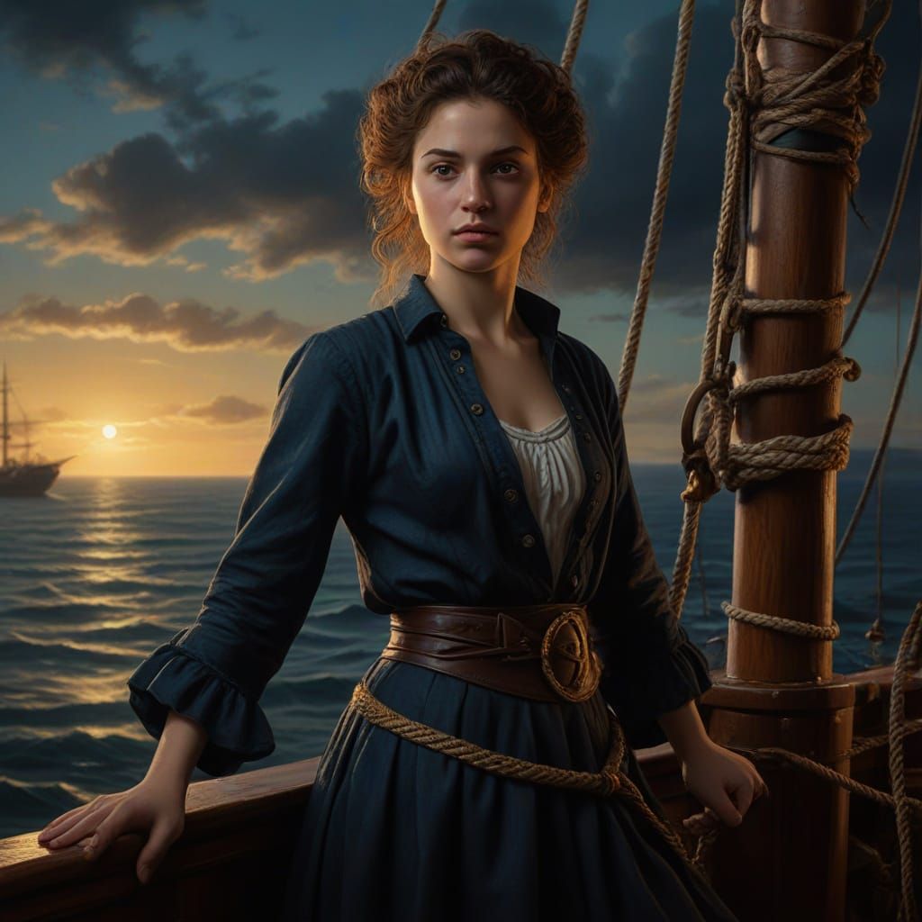 Female Thief on Ship Deck at Dusk Oil Painting