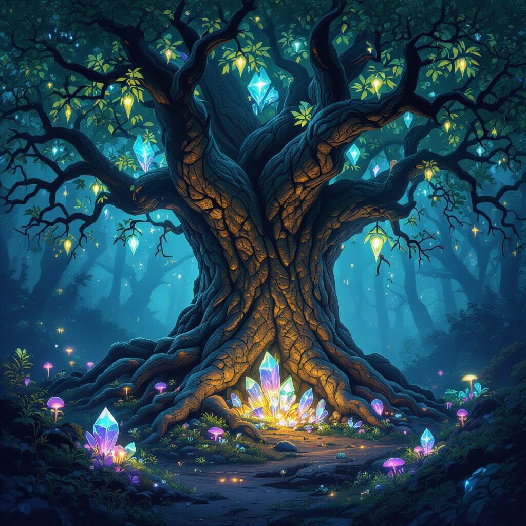 Ancient Tree With Crystal Roots in Mystical Forest