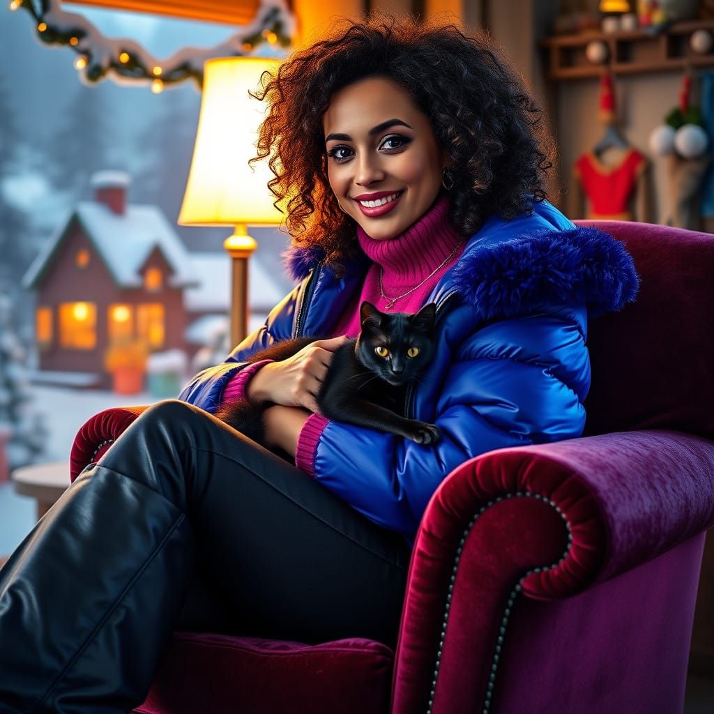 Fuchsia Sweater Woman with Cat in Whimsical Village Scene