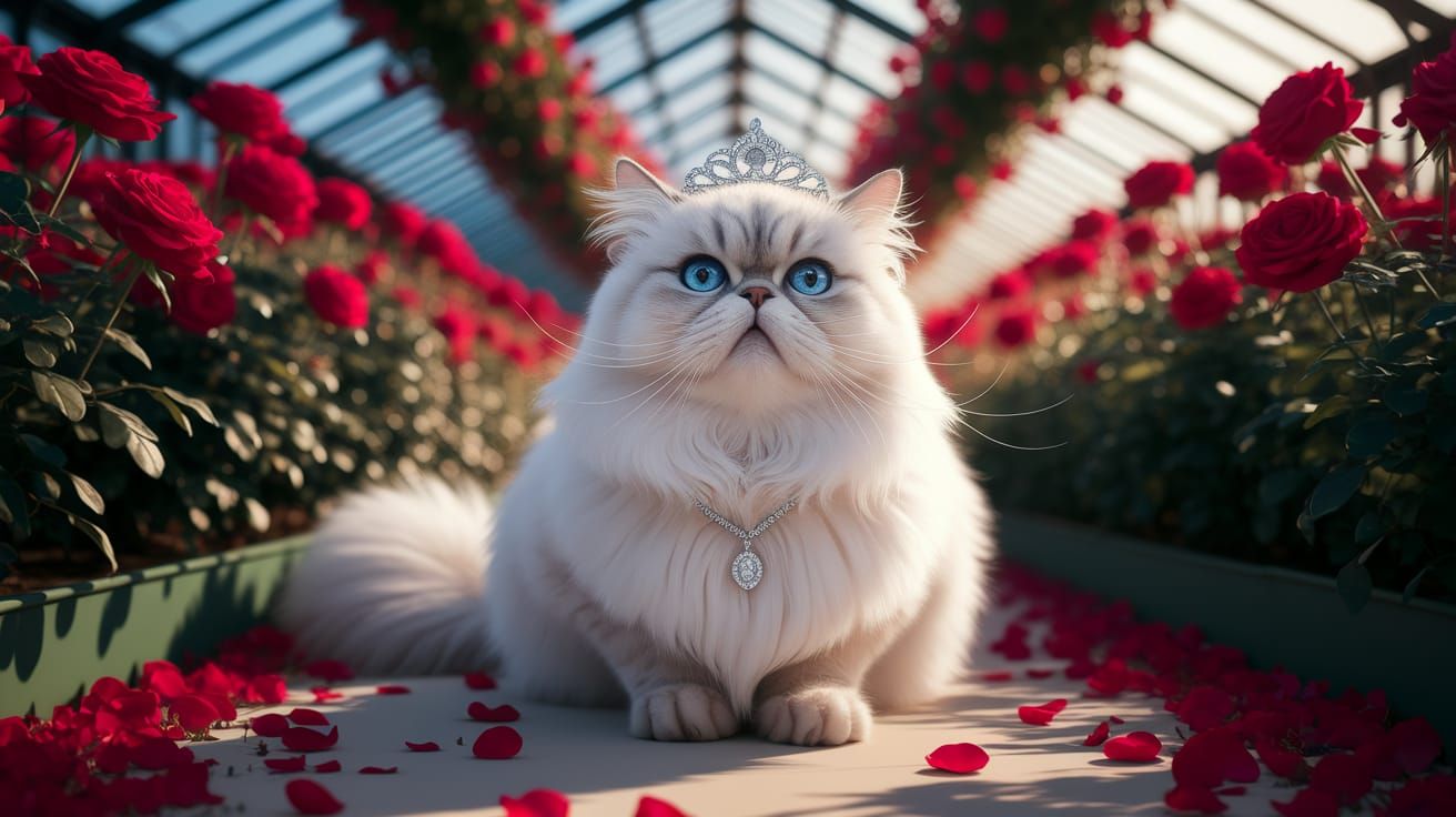 A Beautiful White Persian Cat is wearing a beautiful sized tiara that is glistening from the daylight and is wearing a b...