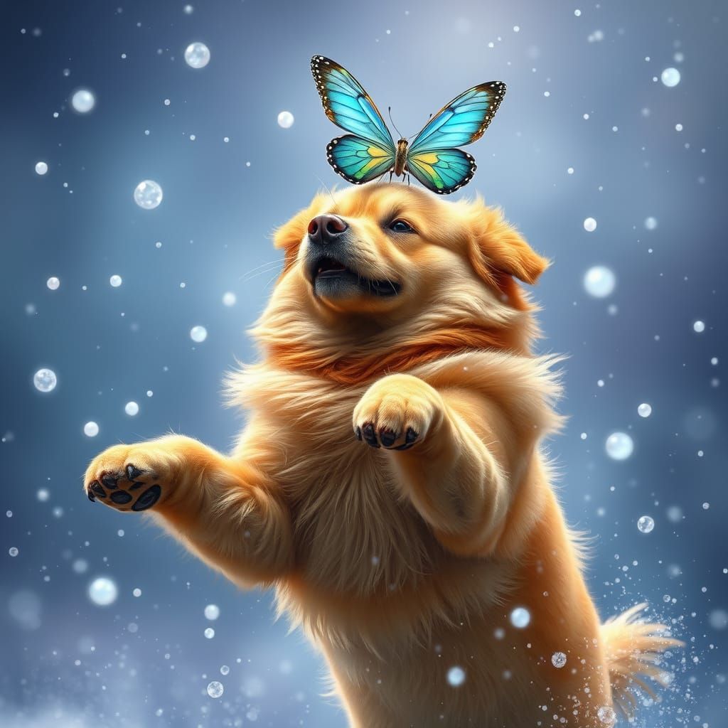 Majestic Dog Leaps in Snowy Wonderland with Iridescent Butte...