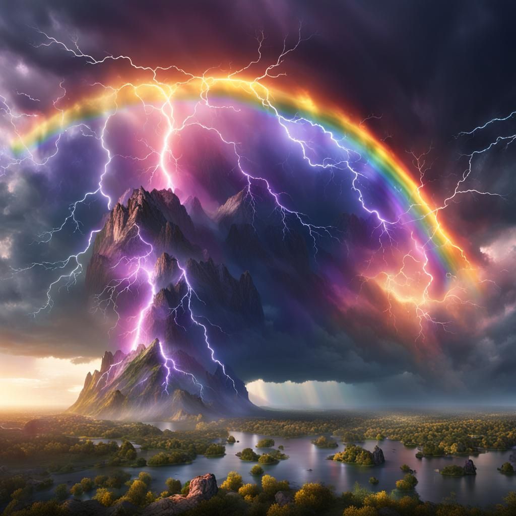Rainbow Lightning Illuminates Clouds in Detailed Matte Paint...
