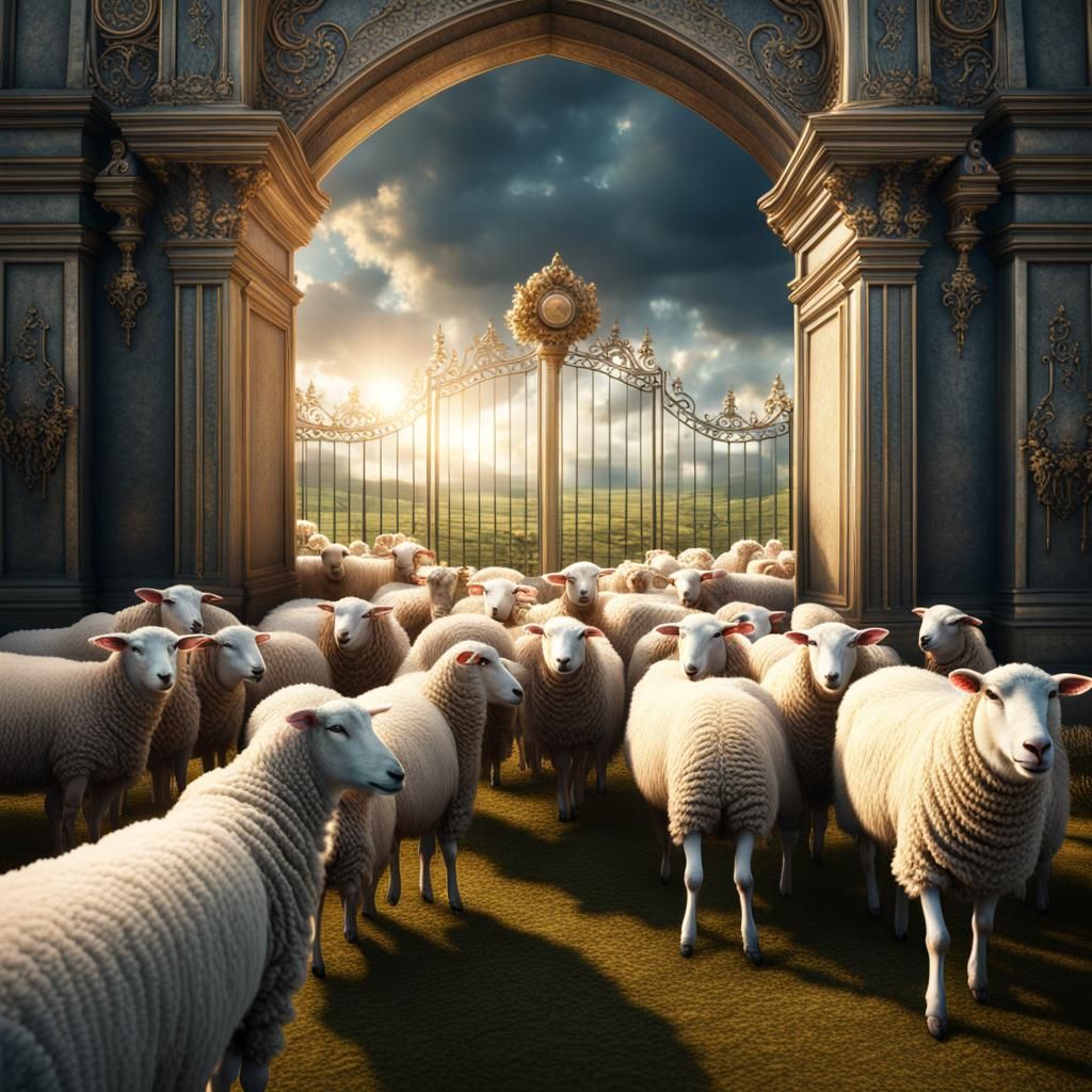 Sheep at Heaven's Gate: Hyperrealistic Matte Painting