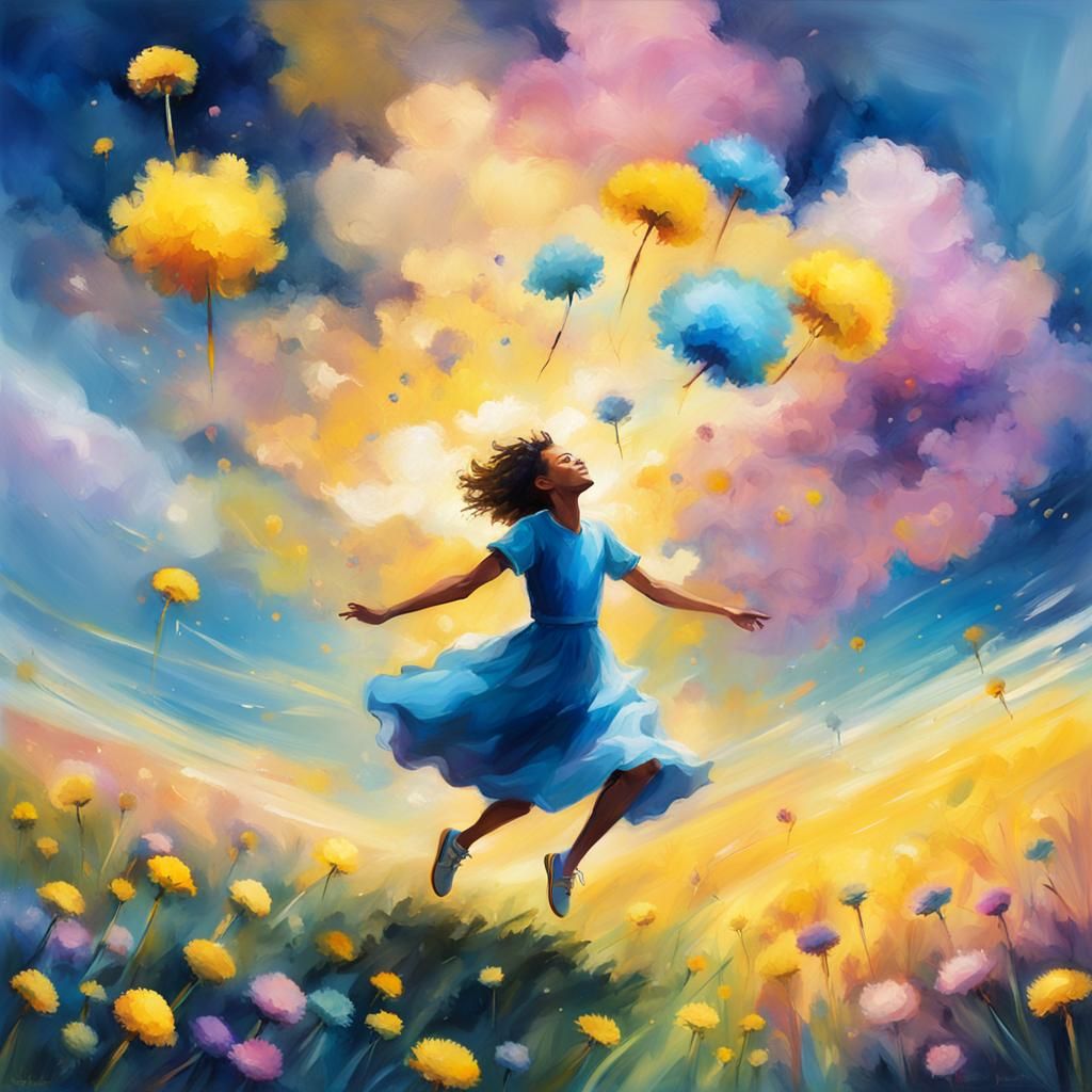 Boy on Cloud in Dreamy Oil Painting Style