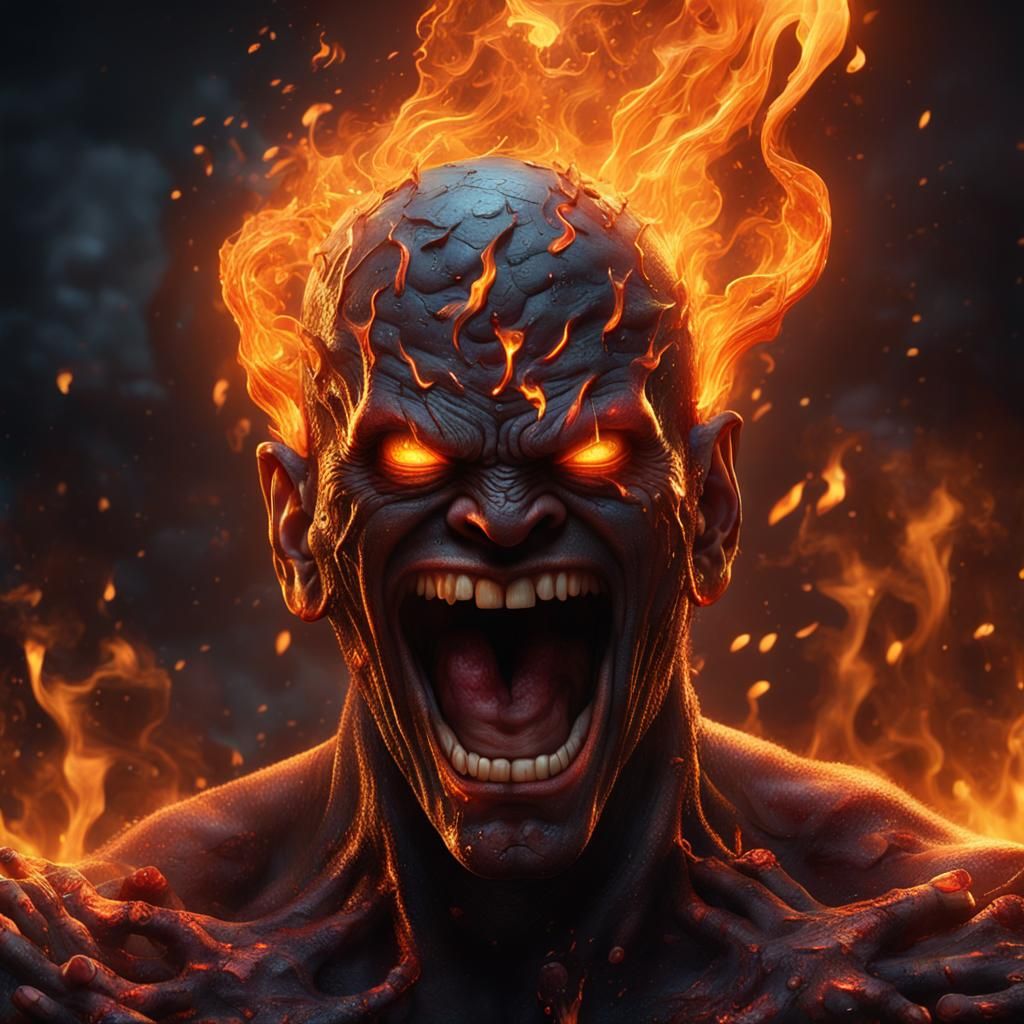 Now it's burning his hands; 
He's turning to laugh; 
Smiles as the flame sears his flesh; 
Melting his face, screamin' i...