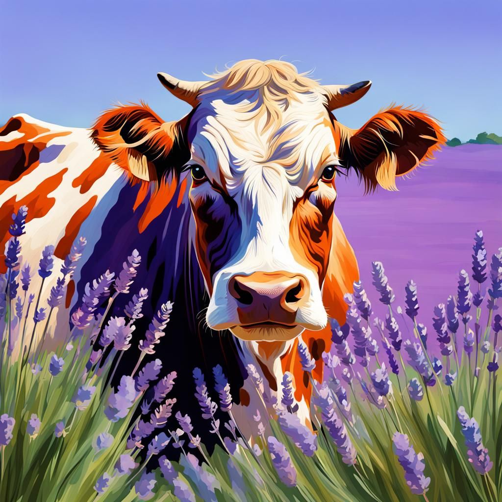 Cow in Lavender Valley: Hyperrealistic Splash Art
