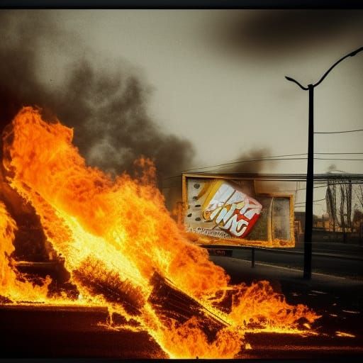 Burning Billboard in Hyperrealistic Cinematic Style