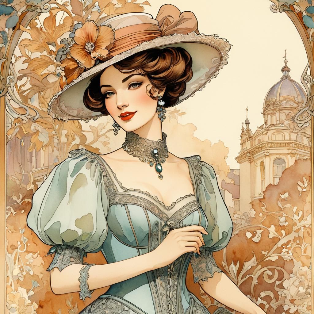 Art Nouveau Illustration of Edwardian Women with Lace