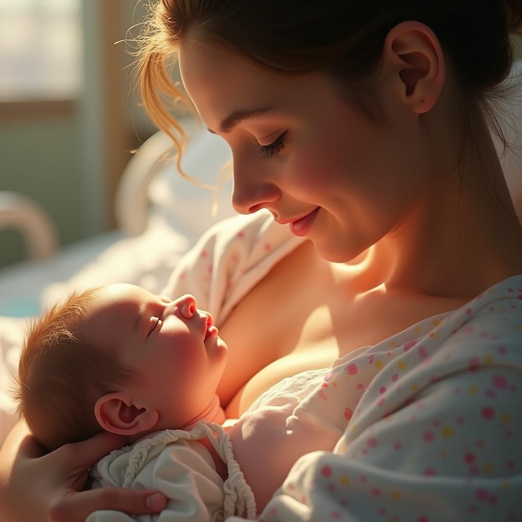 Serene Motherhood in Warm Golden Light, Hyperrealistic Nurtu...