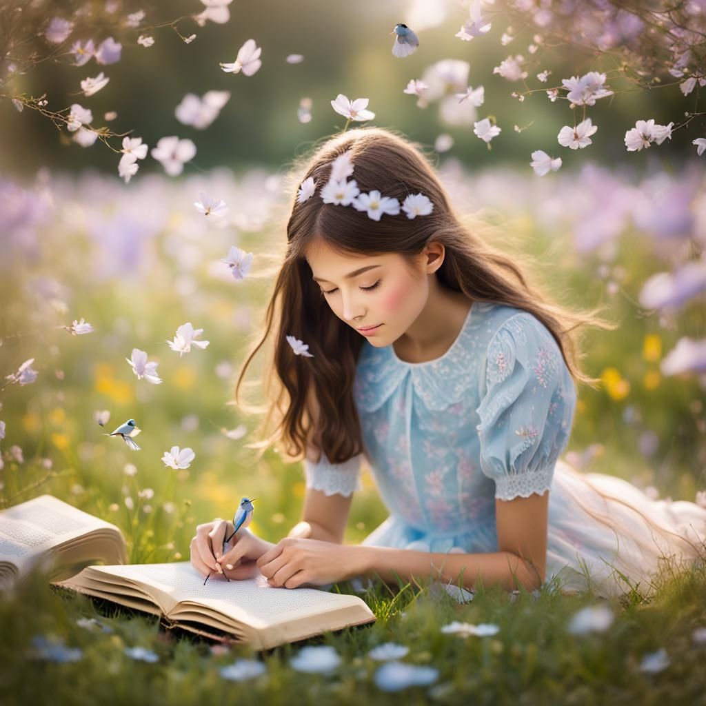 Girl in Flower Meadow with Bird, Pastel Photography