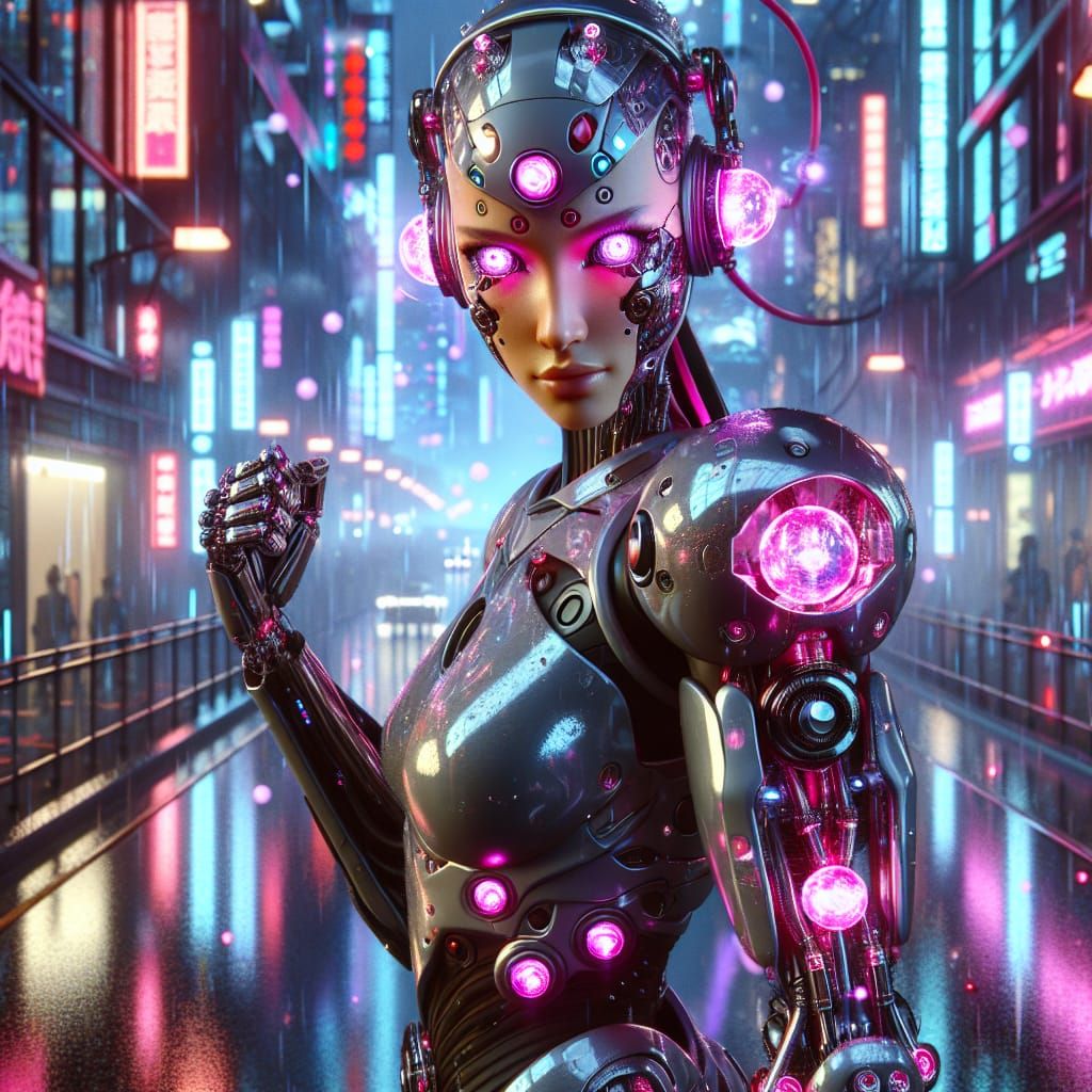 Cyberpunk Cyborg Heroine in Futuristic Cityscape