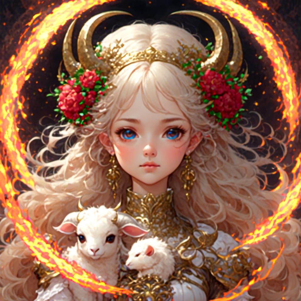 Aries Goddess Leads Celestial Ram in Anime Style