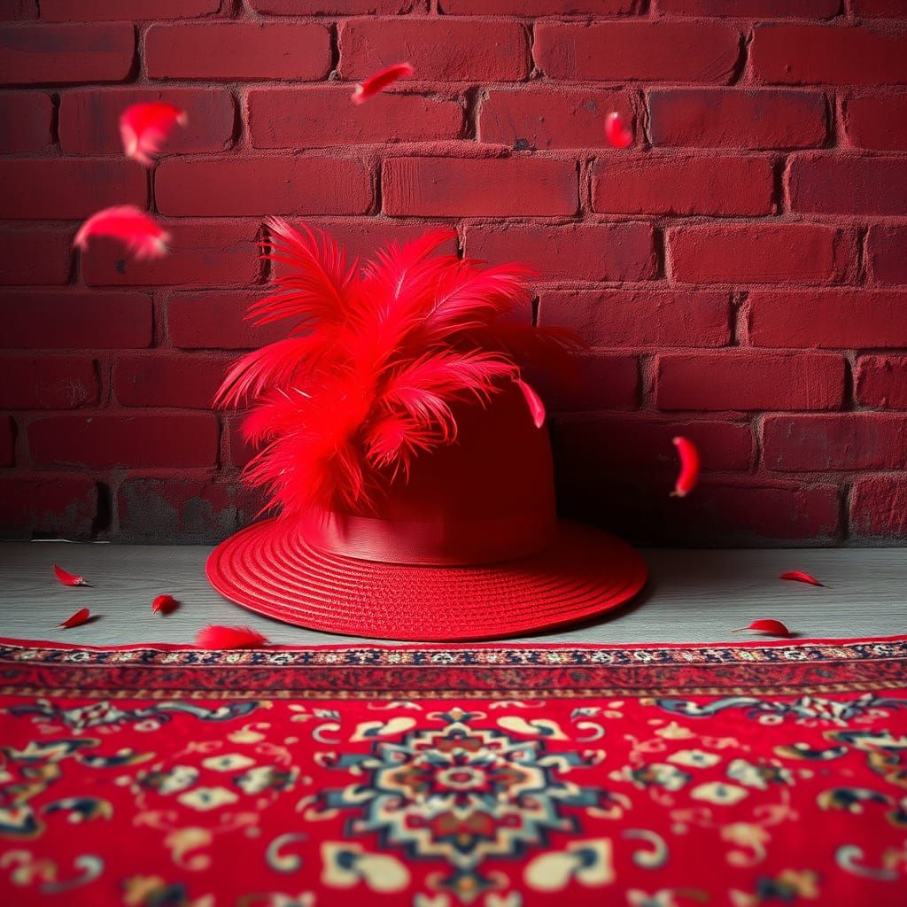 Vibrant Red Hat on Shabby Brick Wall