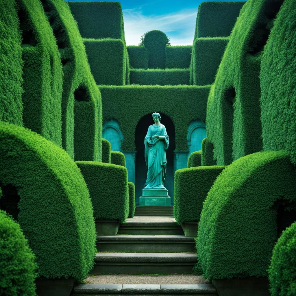 Blue-Green Statue in Detailed Hedge Maze