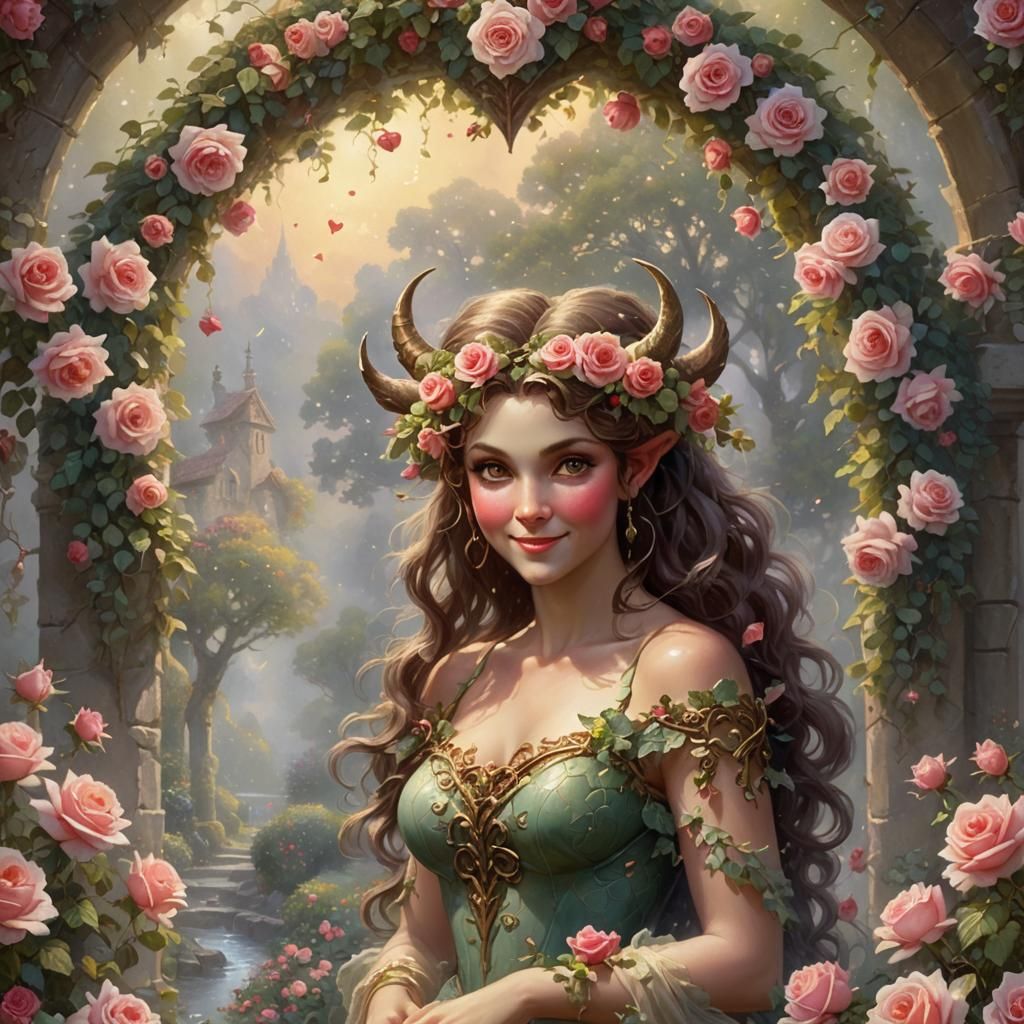 Female Satyr Smiles Beneath Rose Archway