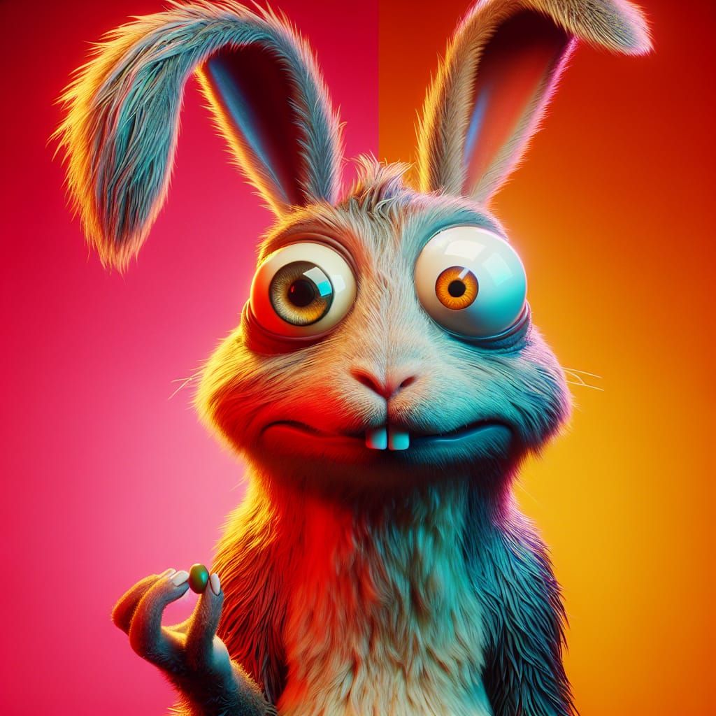 Humorous 3D Rabbit with Mismatched Eyes in 4K