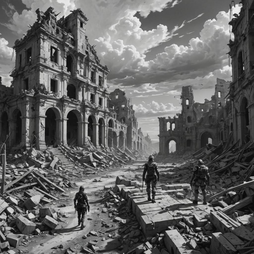 Surreal Apocalyptic War Scene in Black and White