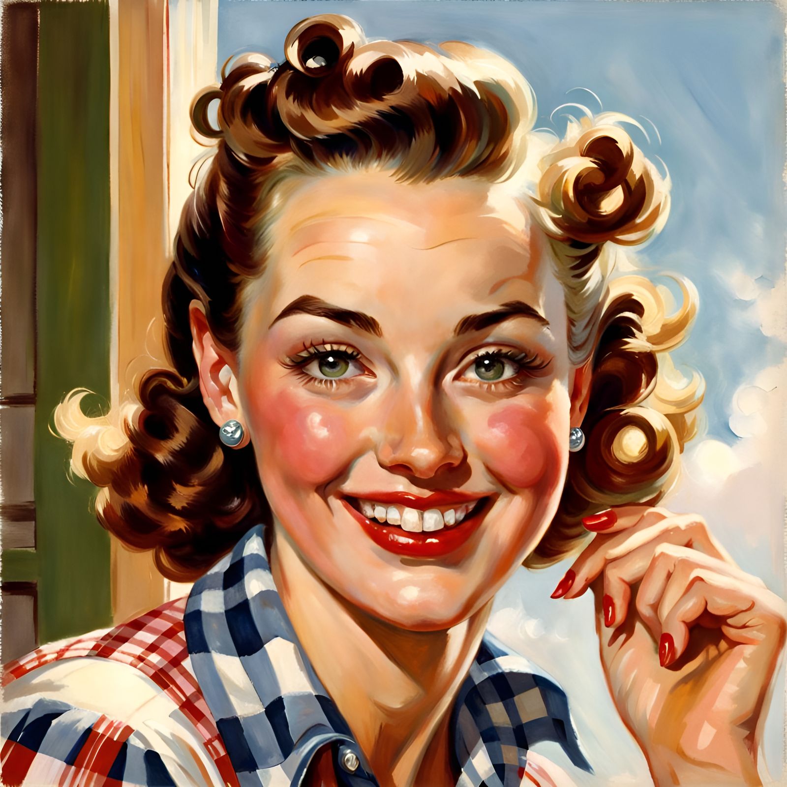 Radiant Woman in Plaid Blouse, Classic Art Style