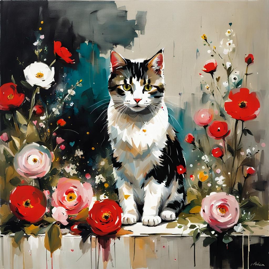 Cat on Pillow Surrounded by Flowers, Expressive Painting