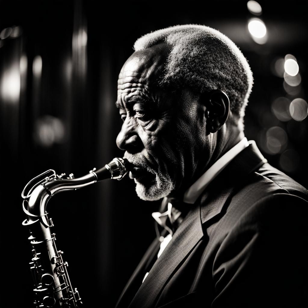 Saxophone Player in 1930s Jazz Club, B&W Portrait