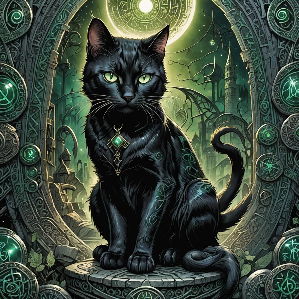 Mystical Black Cat with Runes, Comic Book Art