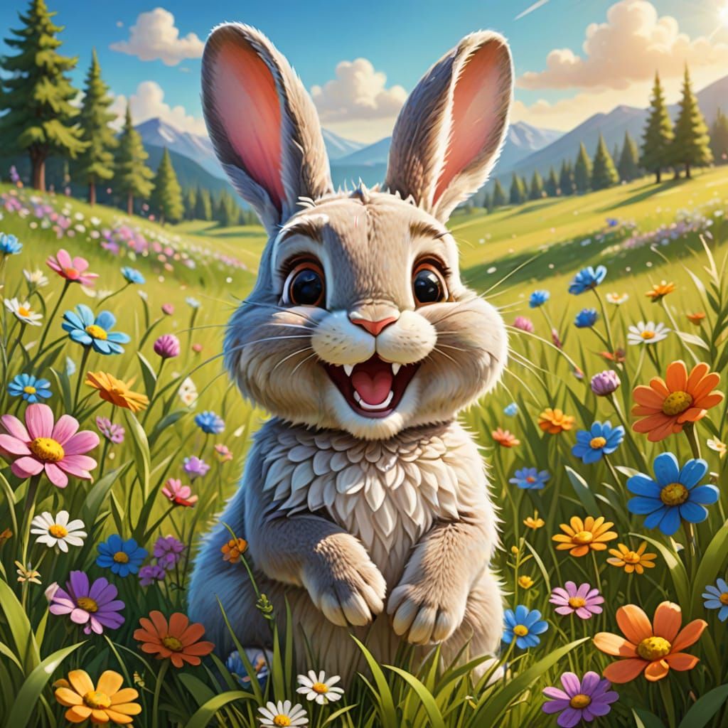 Laughing Bunny in Sunny Meadow: 3D Rendered Art