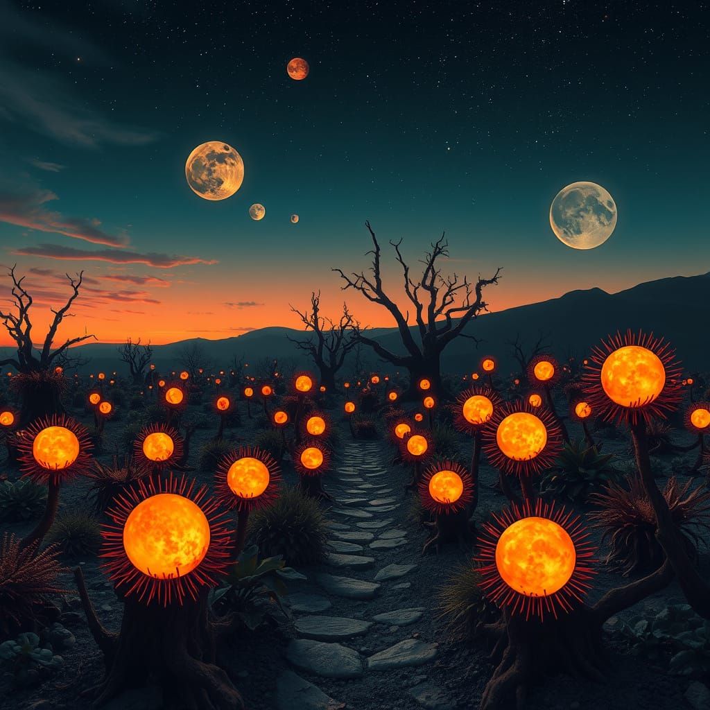 Surreal Night Garden of Abandoned Suns, Photorealistic