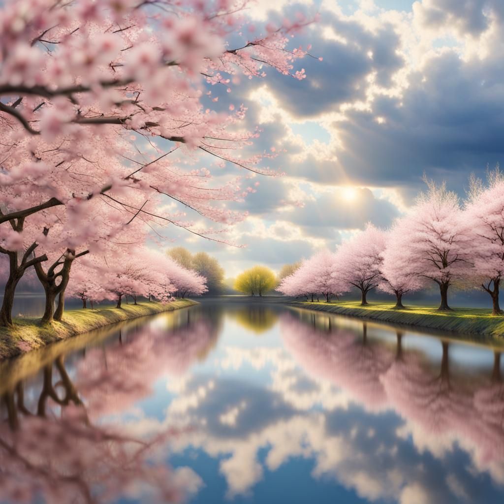 Cherry Blossoms Reflected in Water with Soft Sunlight