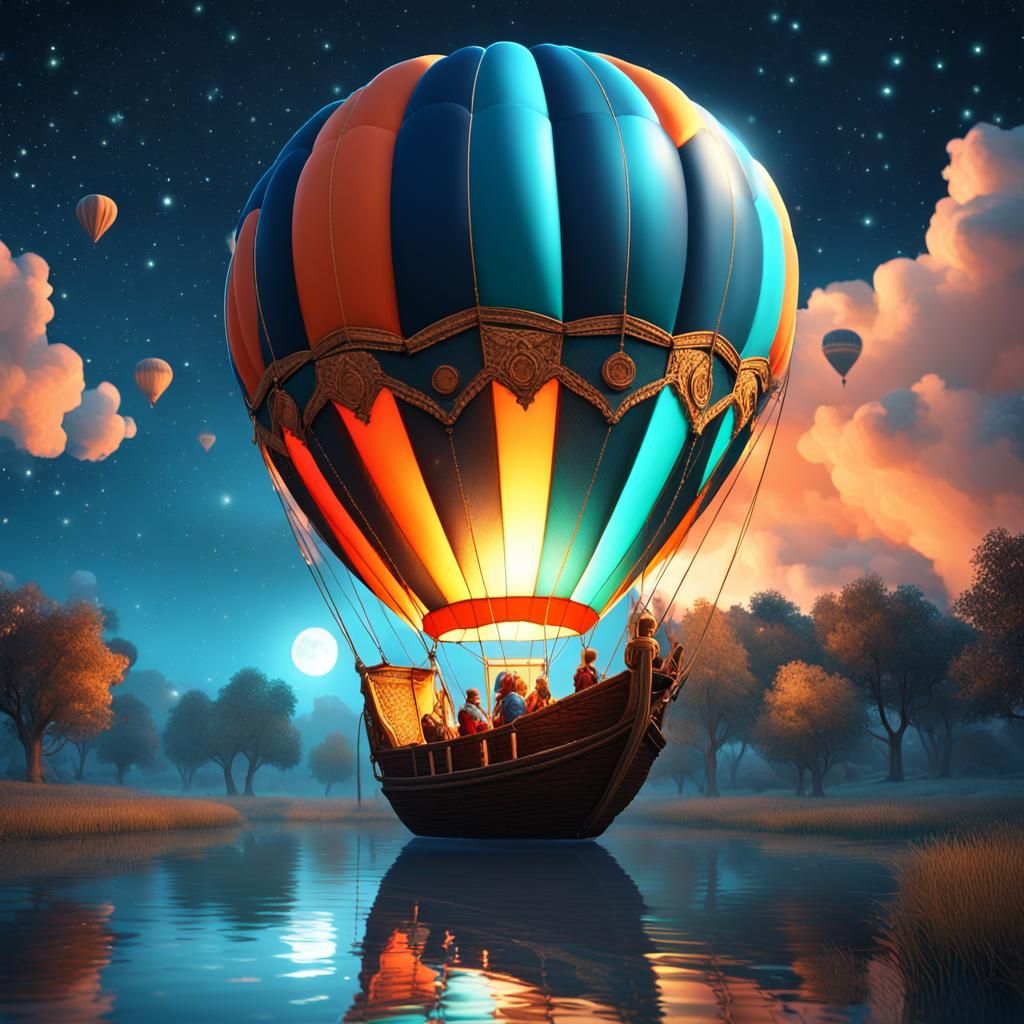 Starry Night Hot Air Balloon, Hyperdetailed Concept Art