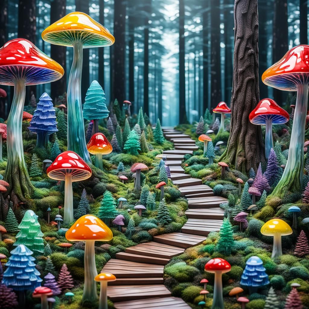 Glass Forest Scene with Vibrant Mushrooms