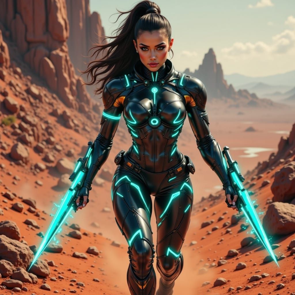 Gritty Sci-Fi Warrior in Metallic Combat Suit Charges Forwar...