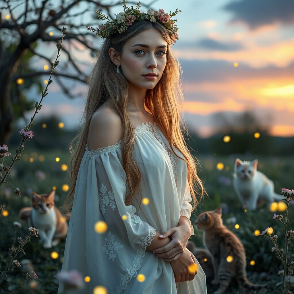 Serene Woman in Twilight Garden: A Hyperrealistic Portrait