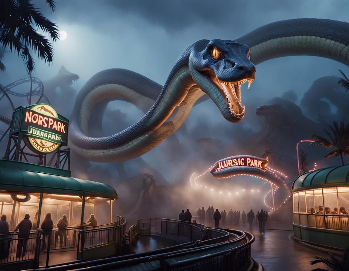Giant Snake Attacks Roller Coaster in Jurassic Park