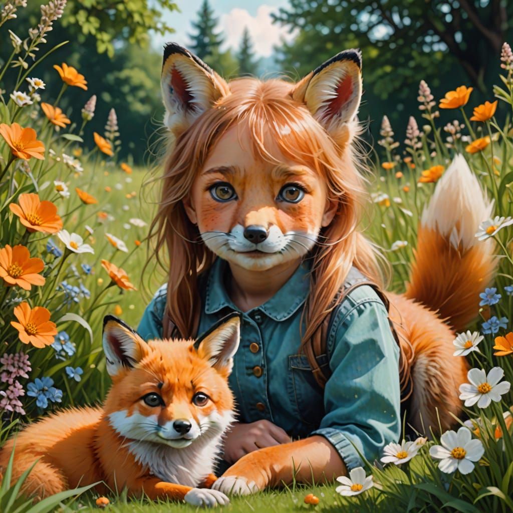 Whimsical Girl and Fox in Vibrant Bloom