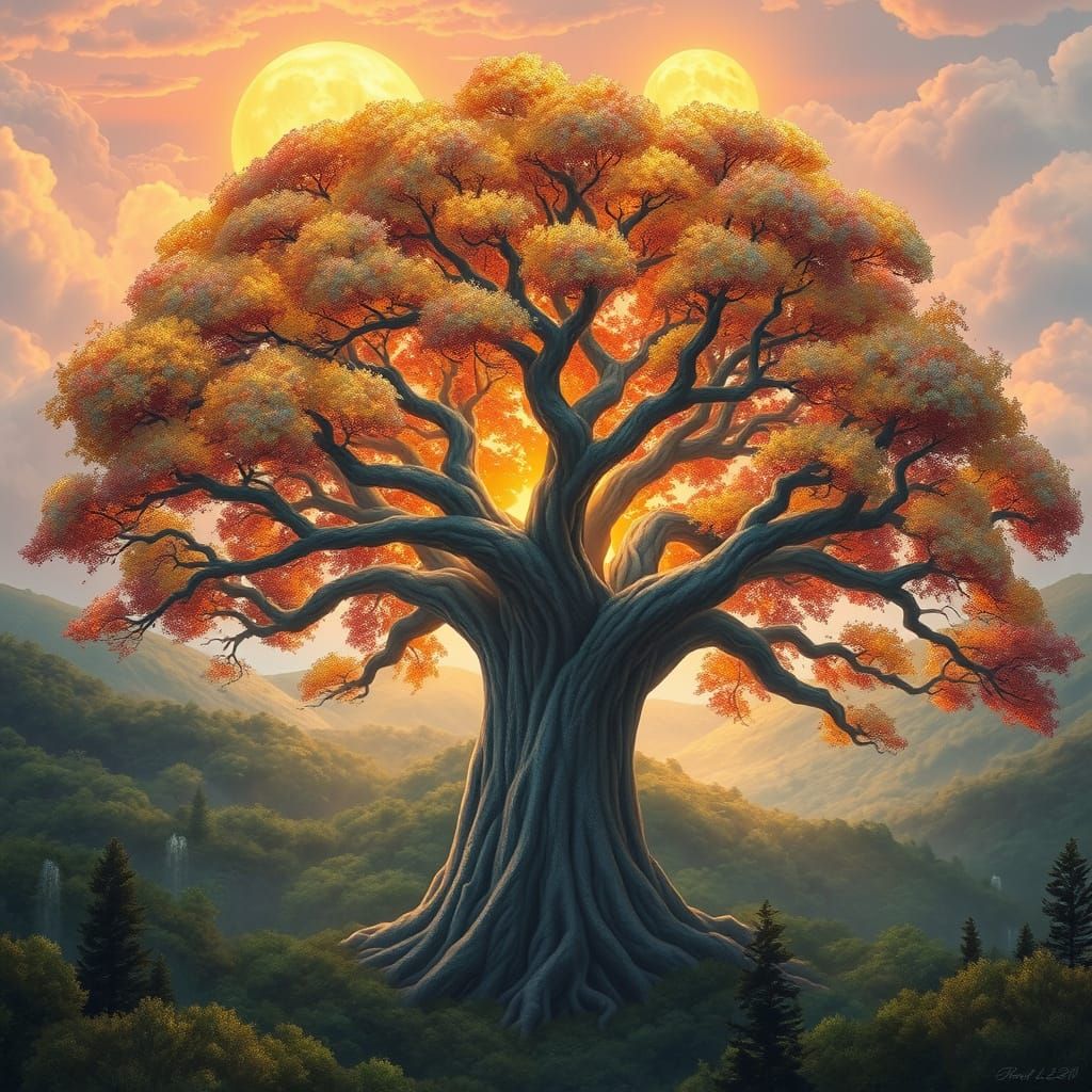 Majestic Ancient Tree Rises Above Forest in Soft Pastel Ligh...