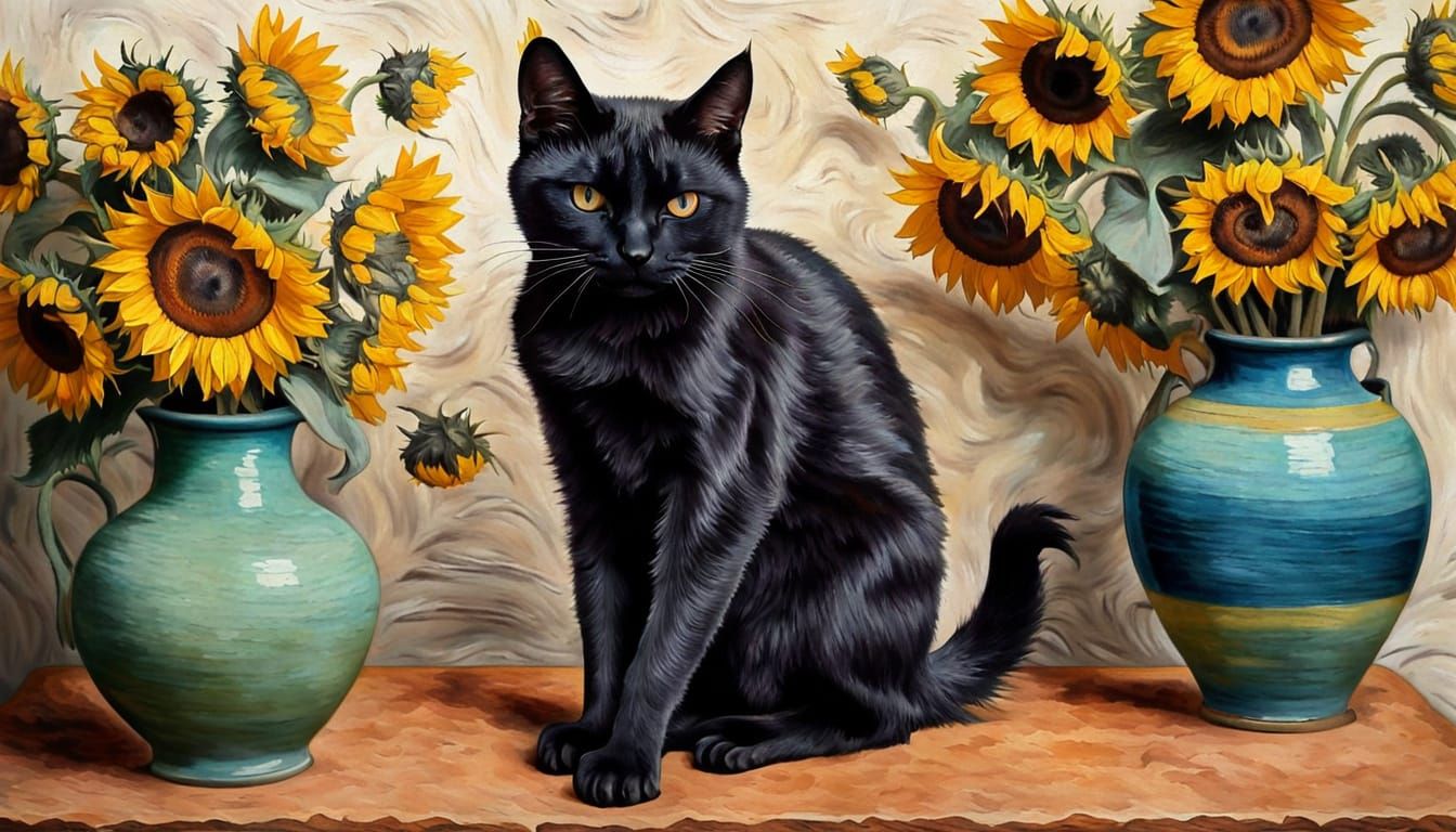 Van Gogh-Inspired Whimsy: Black Cat Causes Sunflower Chaos