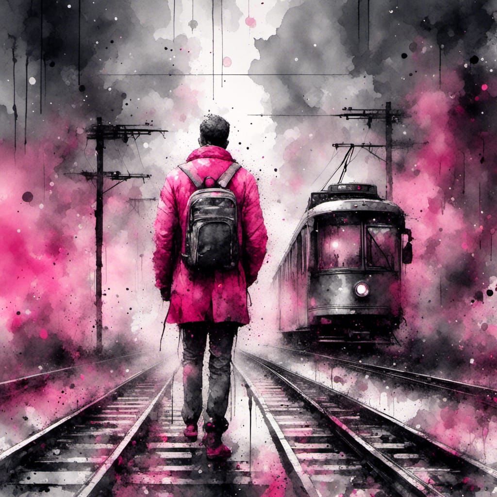 Man on Railway Tracks in Neon Grunge Style