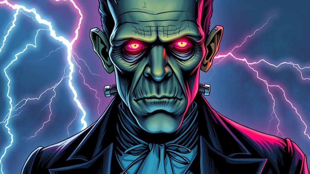 Frankenstein Portrait with Prismatic Lighting, Comic Book Ar...