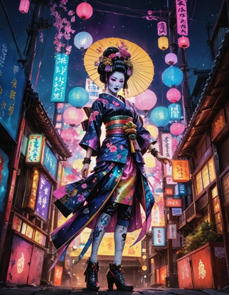Geisha with Punk Hairstyle in Vaporwave Style