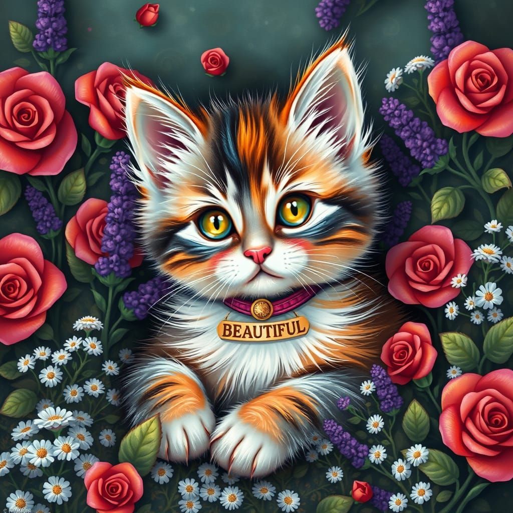 Fluffy Kitten in Whimsical Floral Garden