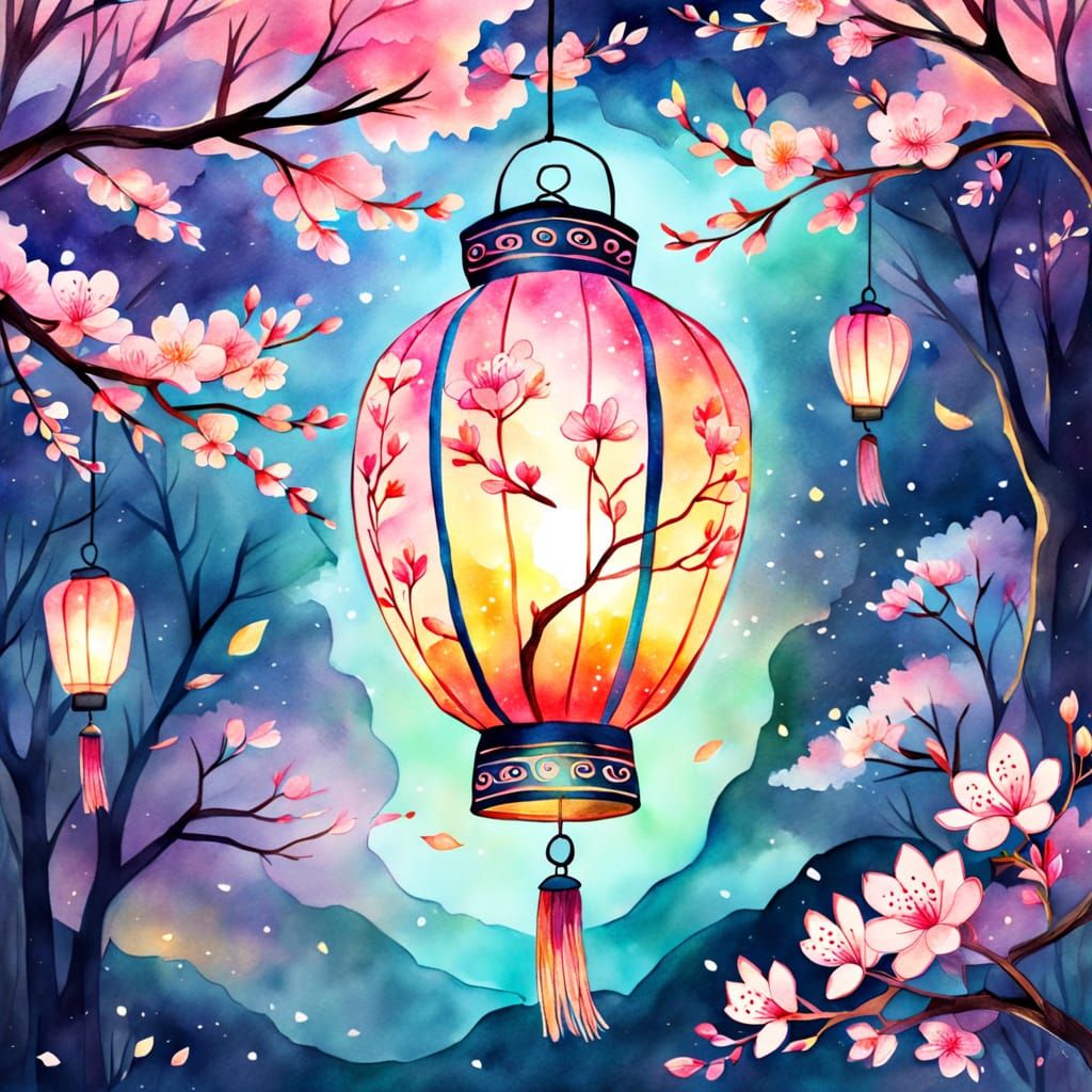 Whimsical Sakura Paper Lantern Watercolor Sketch