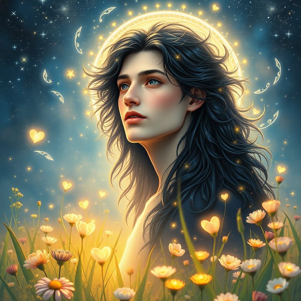 A young smooth-faced beautiful Pleiadian man with shimmering cascading black hair and an ethereal presence, surrounded b...