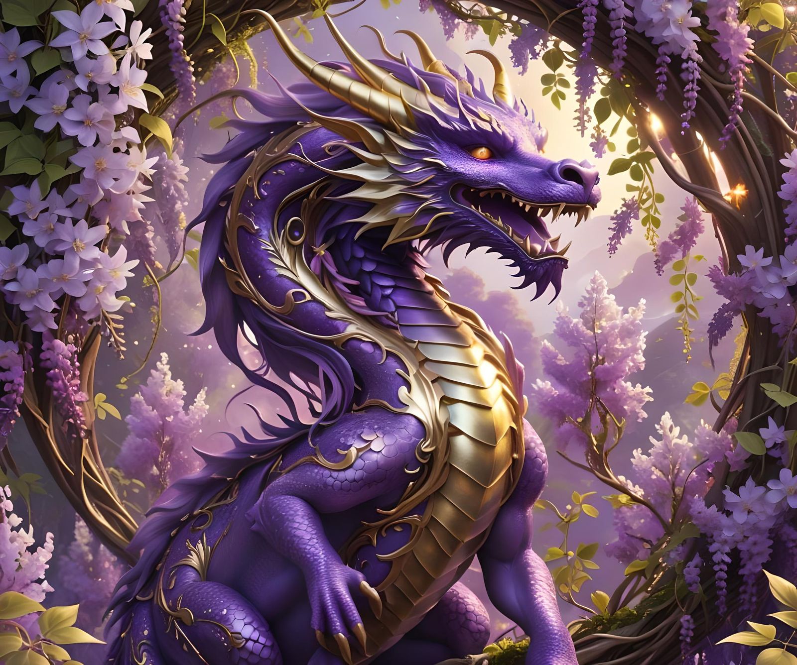 Purple and Gold Dragon with Wisteria Vines