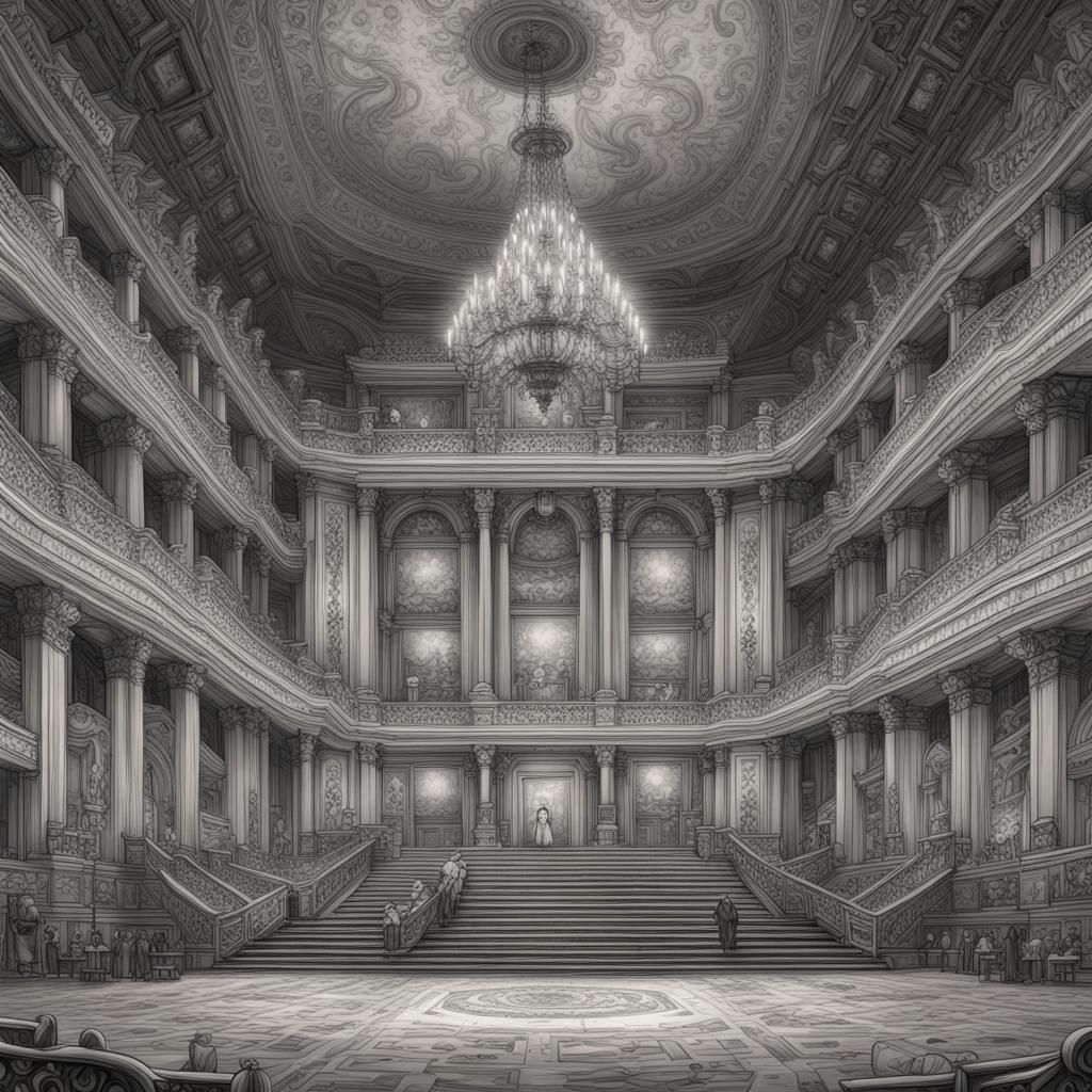 Monochrome Opera House Concept Art in Ink