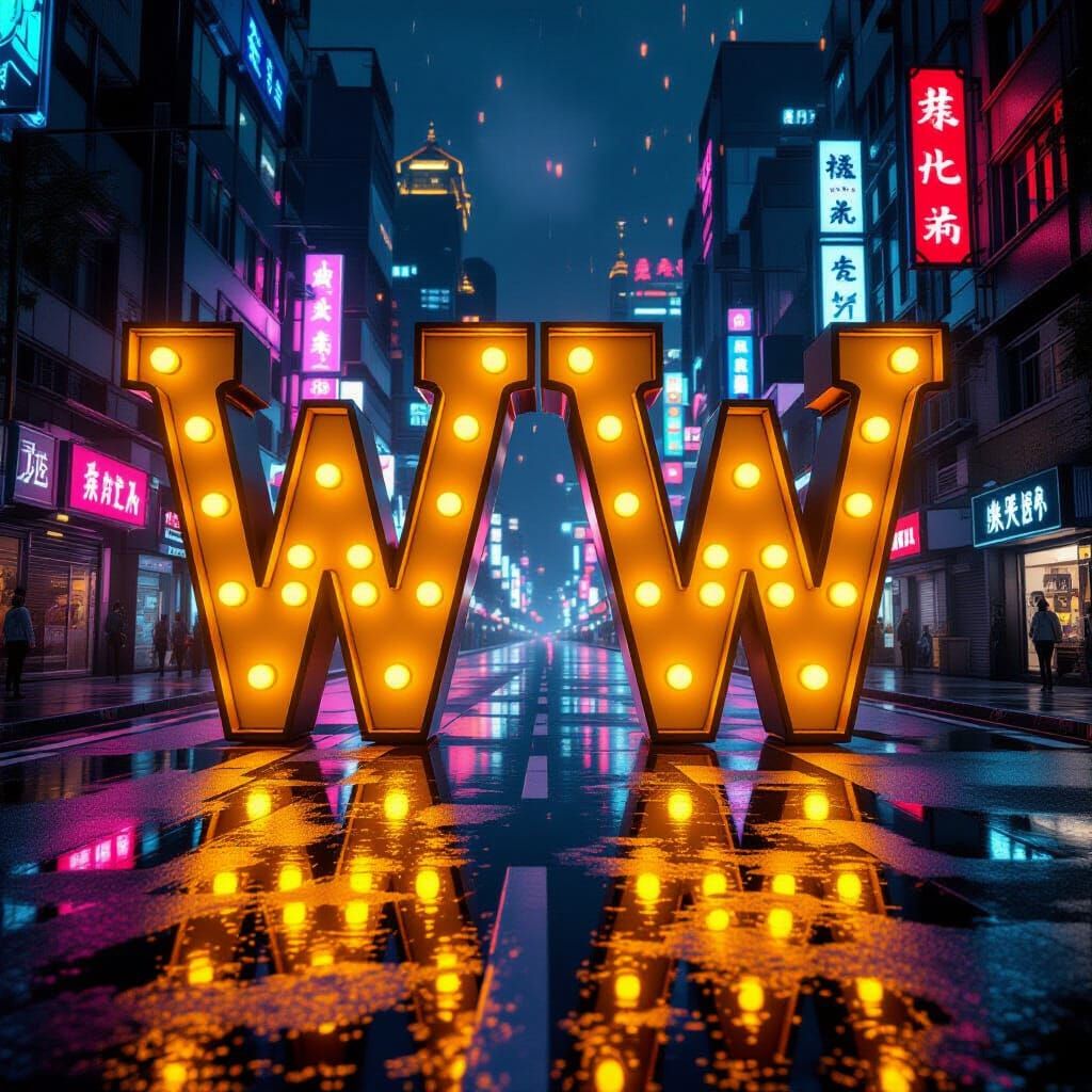 Giant Golden Ws on Wet Street in Neon Asian City