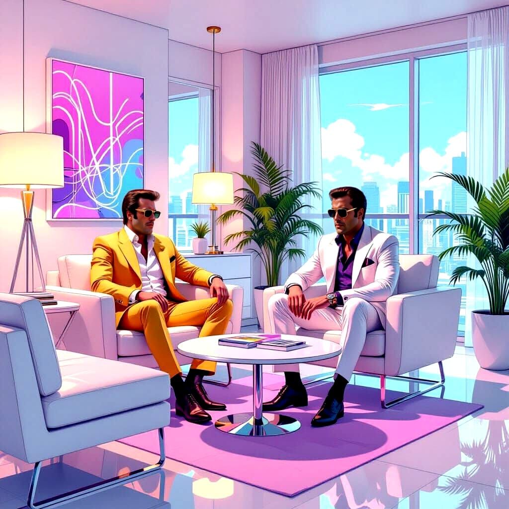 Sonny Crockett and Tubbs Investigate in Vaporwave Style