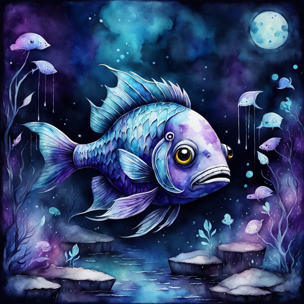 Pisces Zodiac in Watercolor, Tim Burton Style