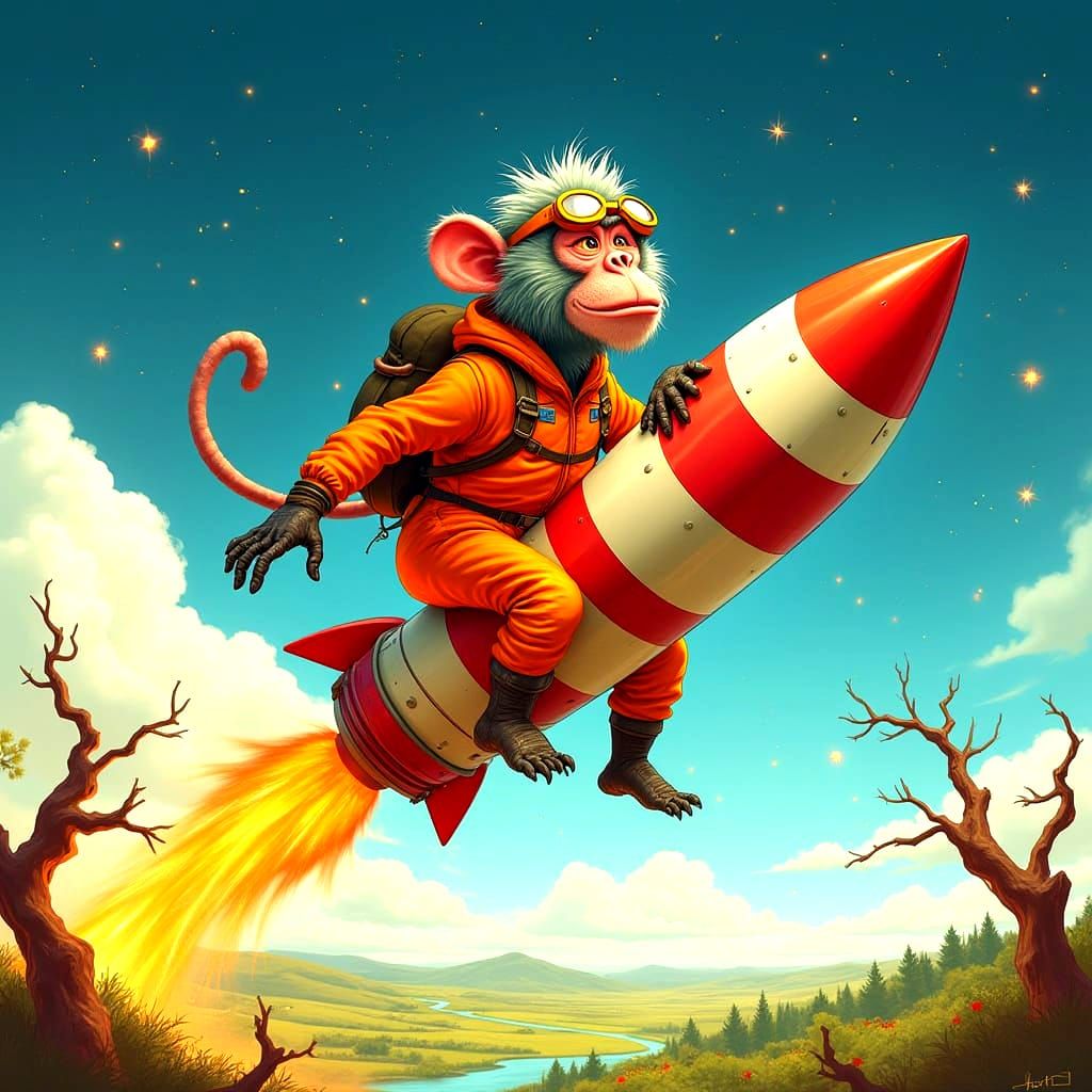 Baboon Rides Fireworks Rocket in Cartoon Style
