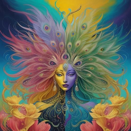 Surreal Woman with Dragon Peacock in Abstract Expressionism